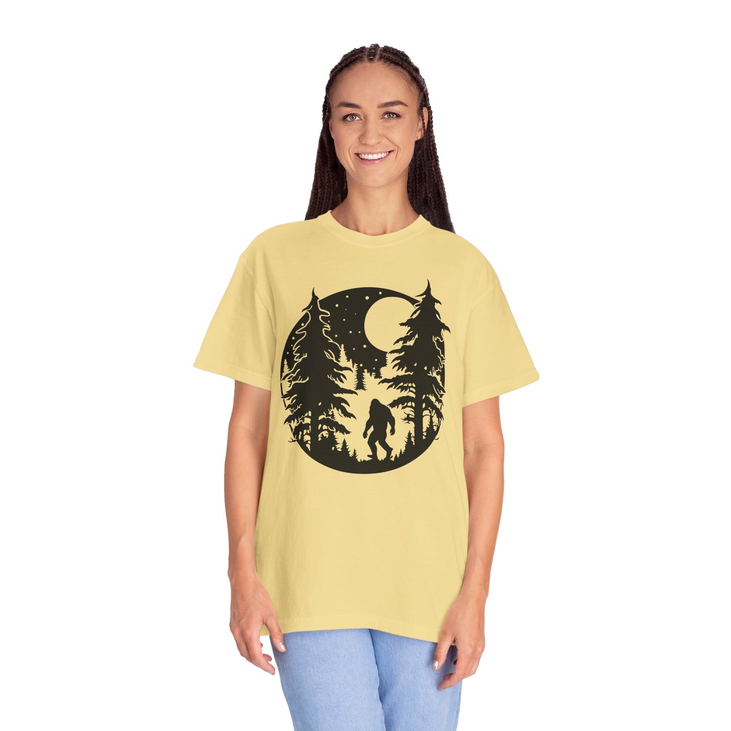 102 Bigfoot with Trees and a full moon t-shirt