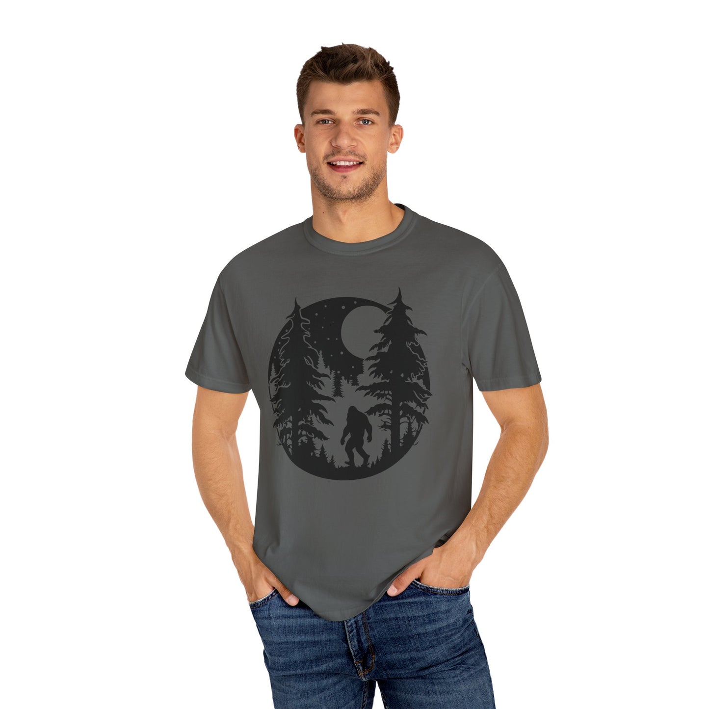 102 Bigfoot with Trees and a full moon t-shirt