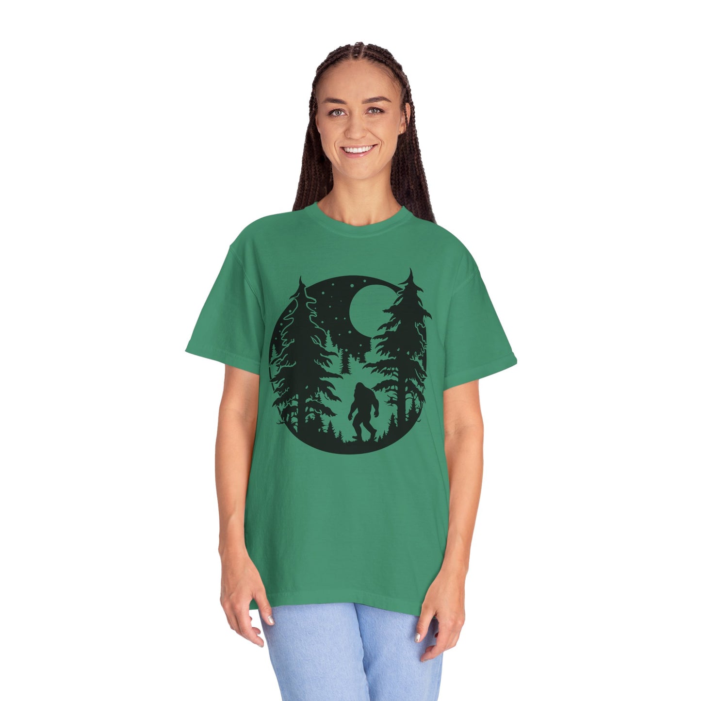 102 Bigfoot with Trees and a full moon t-shirt