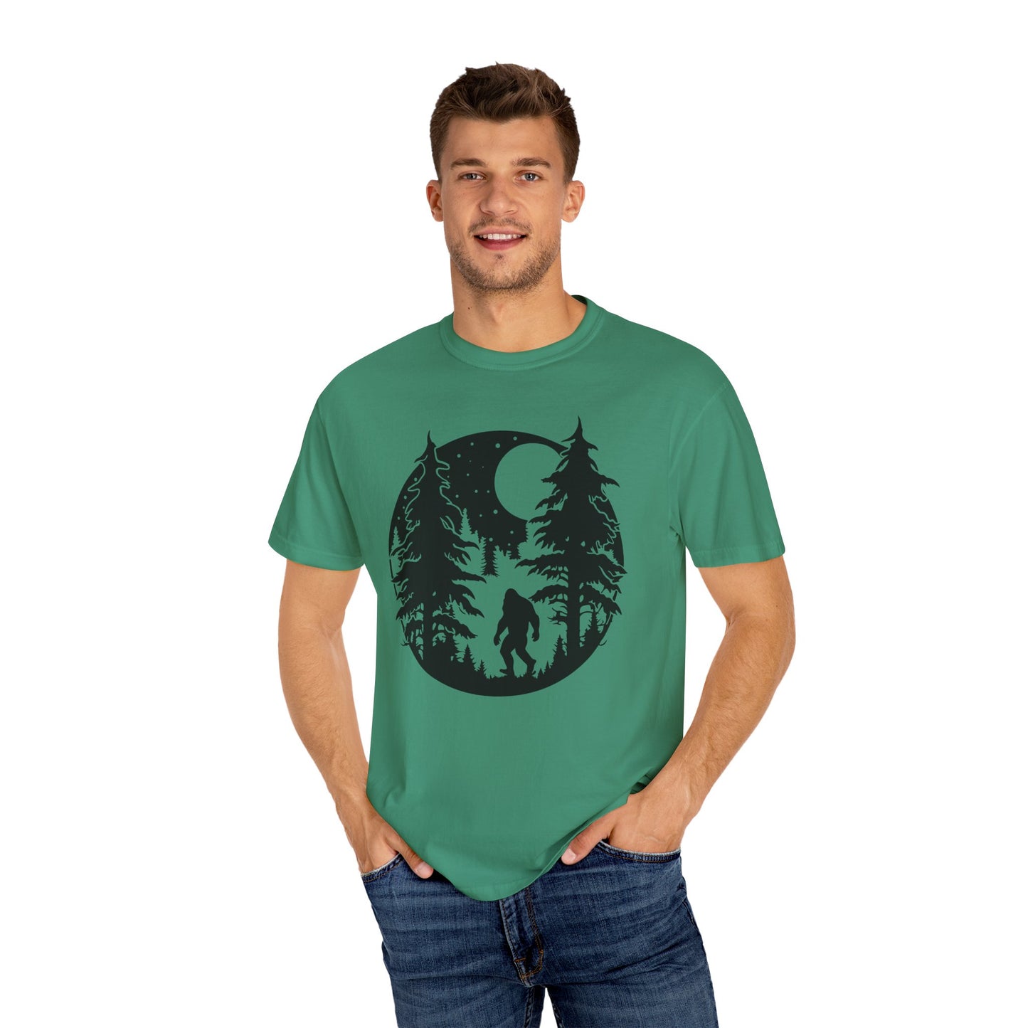 102 Bigfoot with Trees and a full moon t-shirt