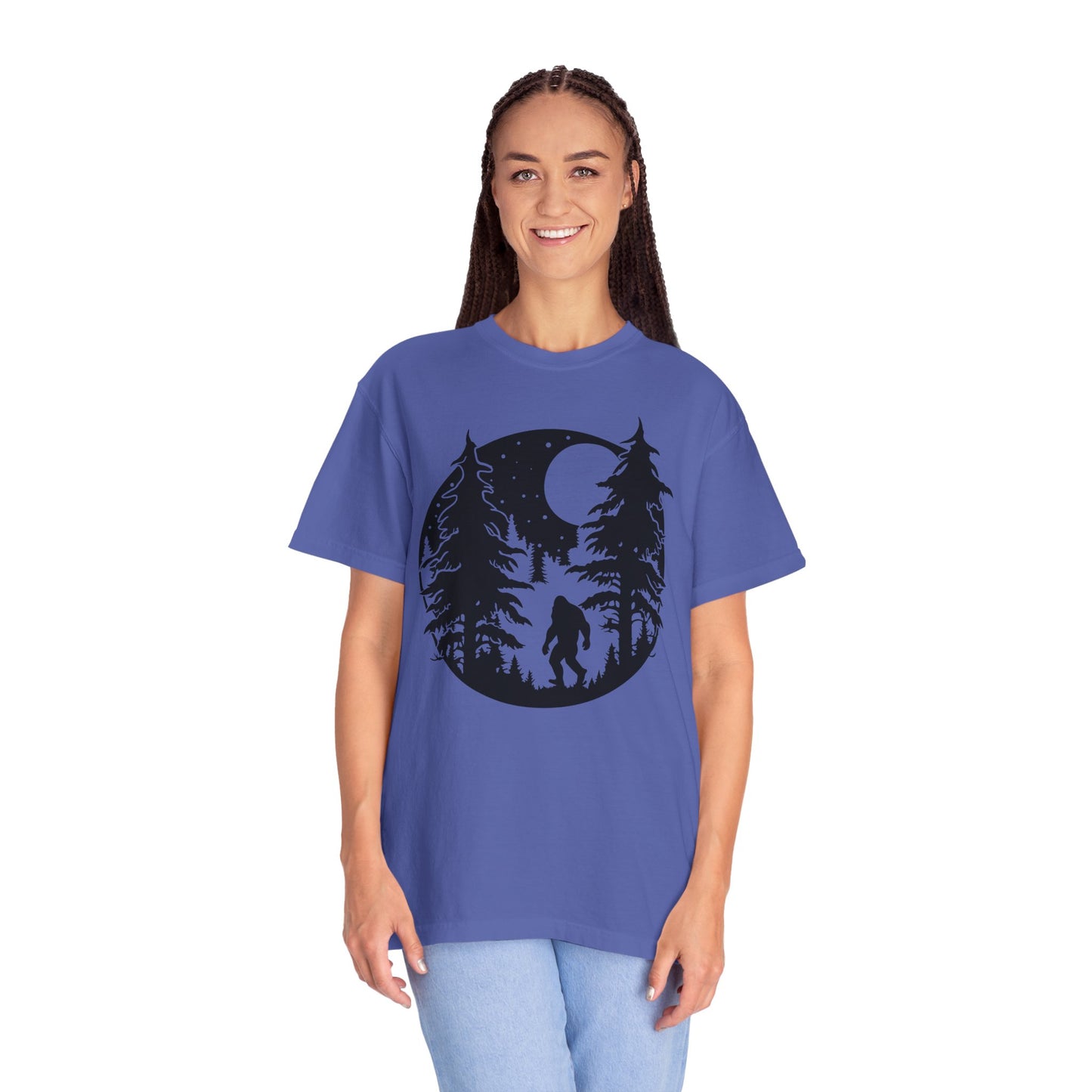 102 Bigfoot with Trees and a full moon t-shirt