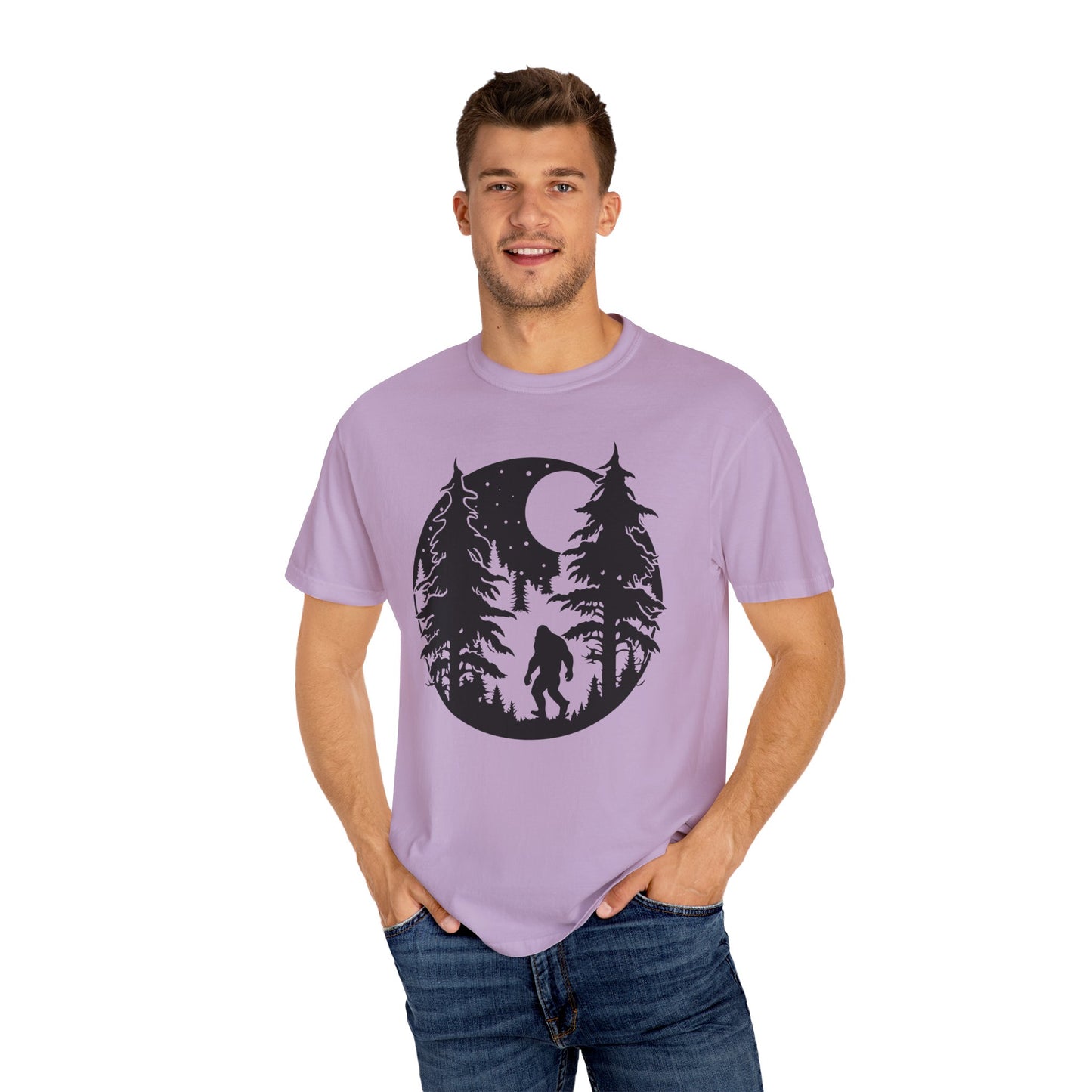 102 Bigfoot with Trees and a full moon t-shirt