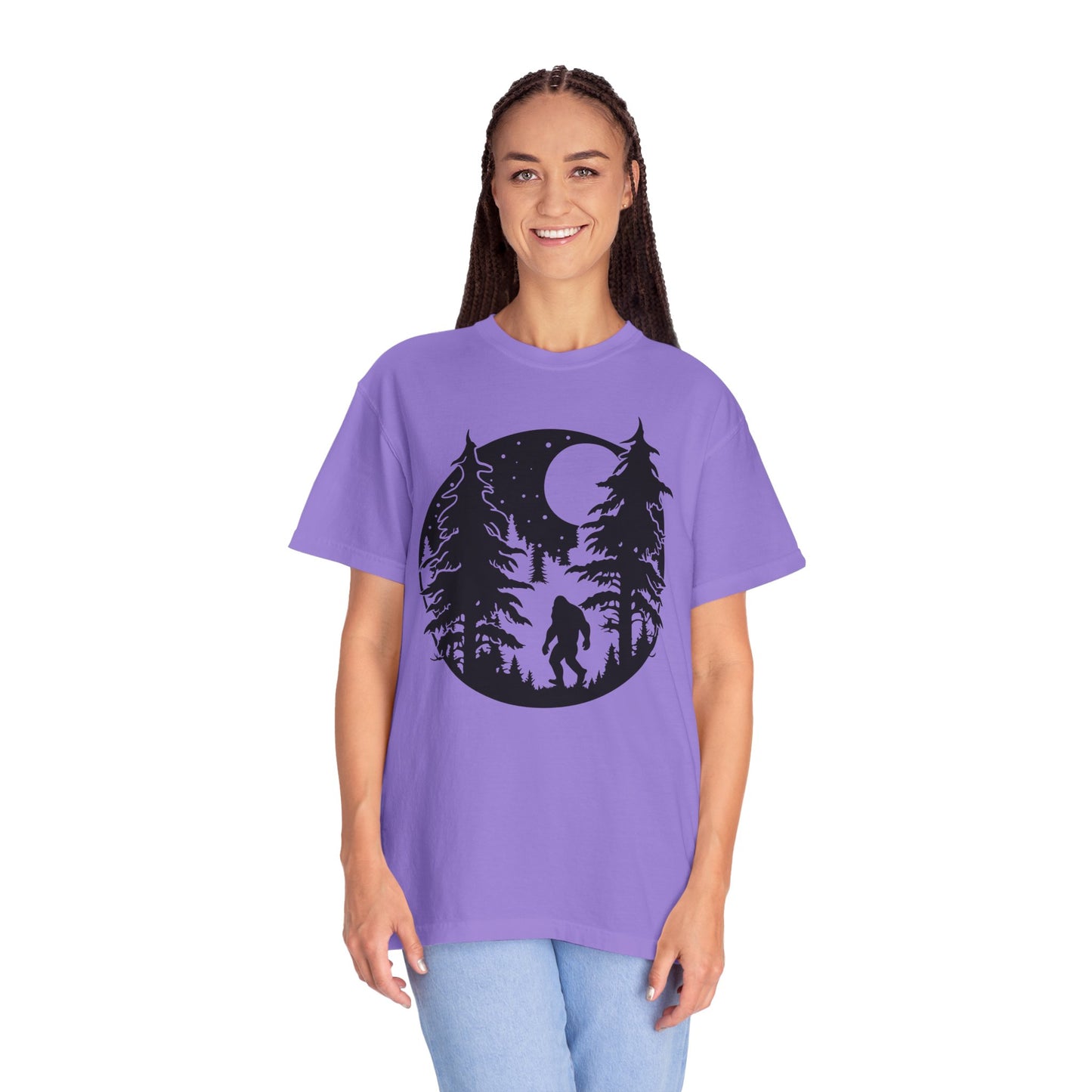 102 Bigfoot with Trees and a full moon t-shirt