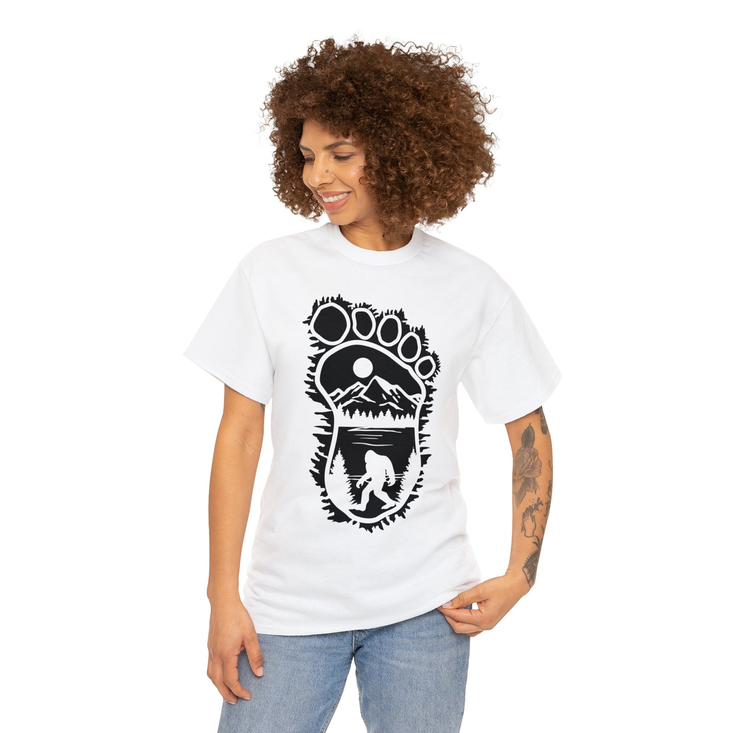 101 Bigfoot walking, foot outline design t-shirt